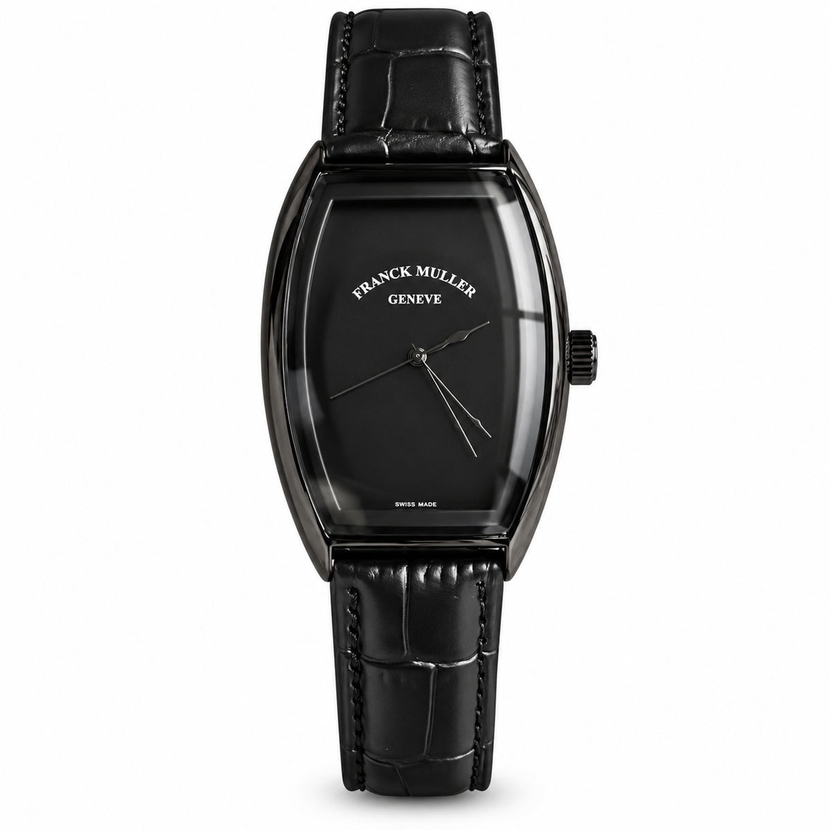 Franck Muller Curvex Piano-style full-black watch on white background