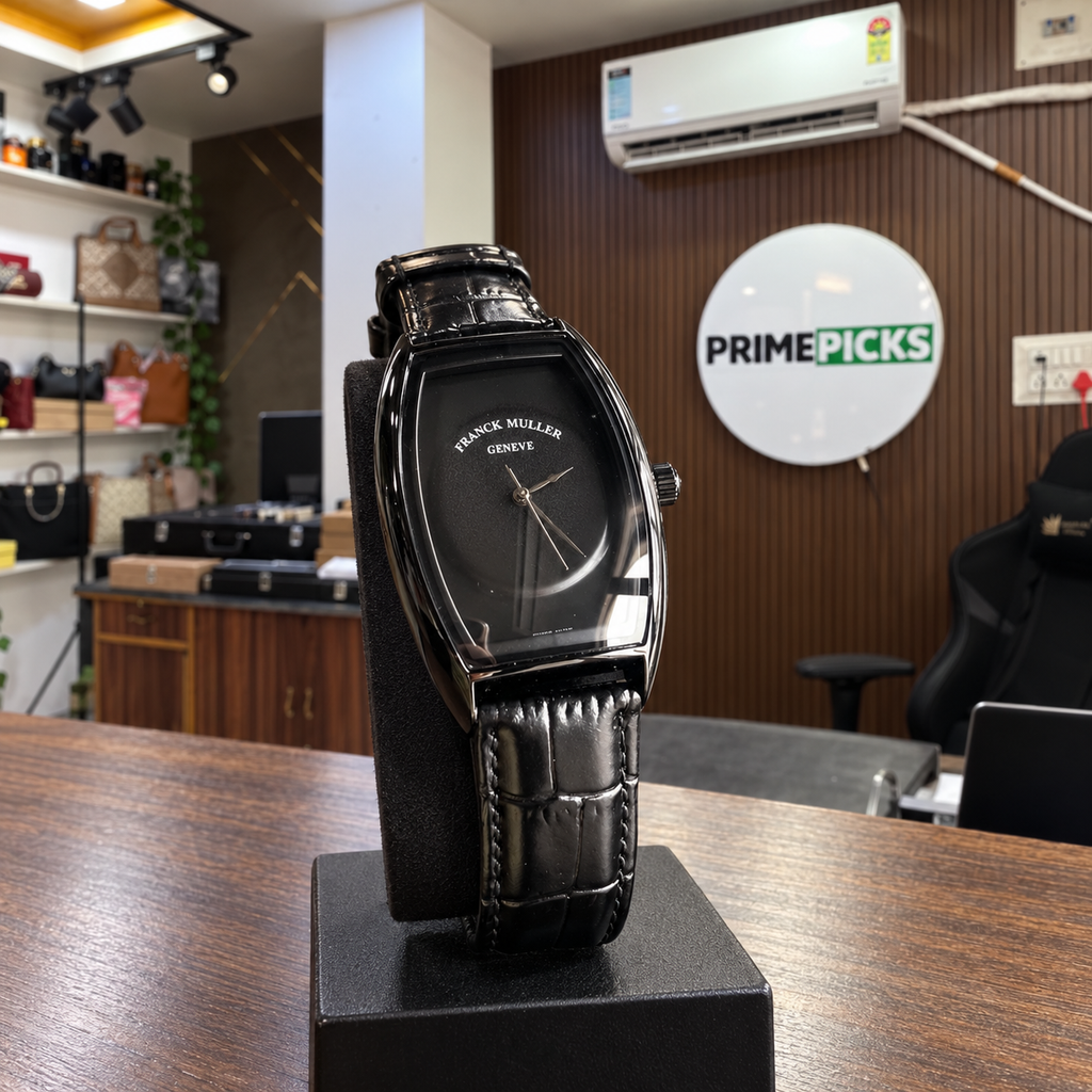 Franck Muller Curvex Piano-style full-black watch displayed in the PrimePicks office