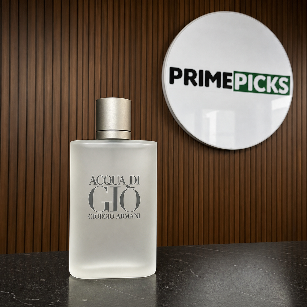 Giorgio Armani Acqua di Giò bottle at the PrimePicks office