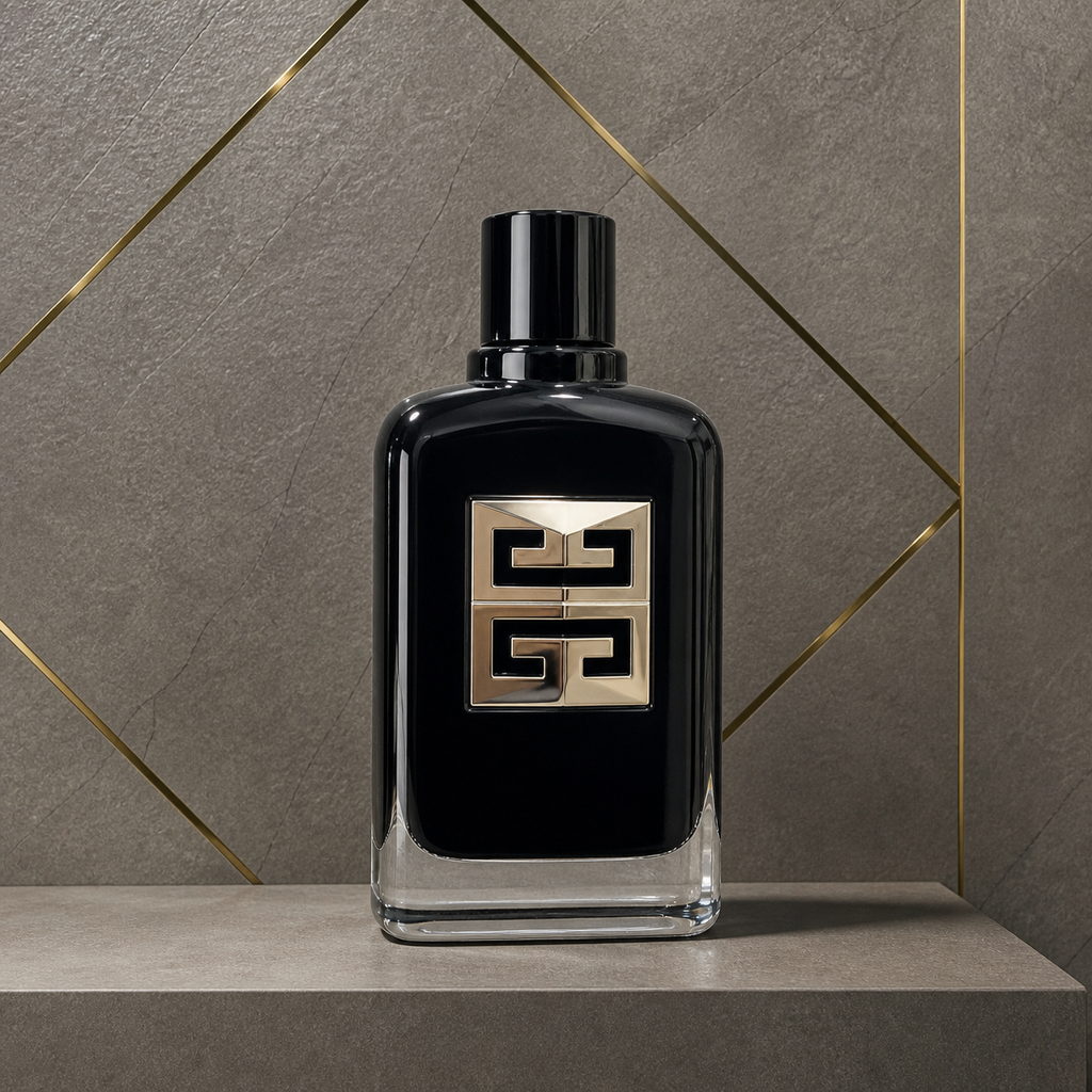 Givenchy Gentleman Society Ambrée Eau de Parfum bottle against the PrimePicks stone wall