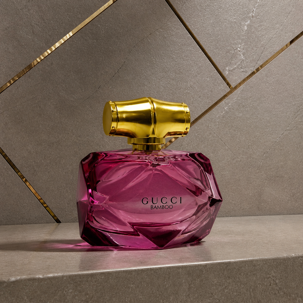 Gucci Bamboo Limited Edition Eau de Parfum bottle against the PrimePicks stone wall