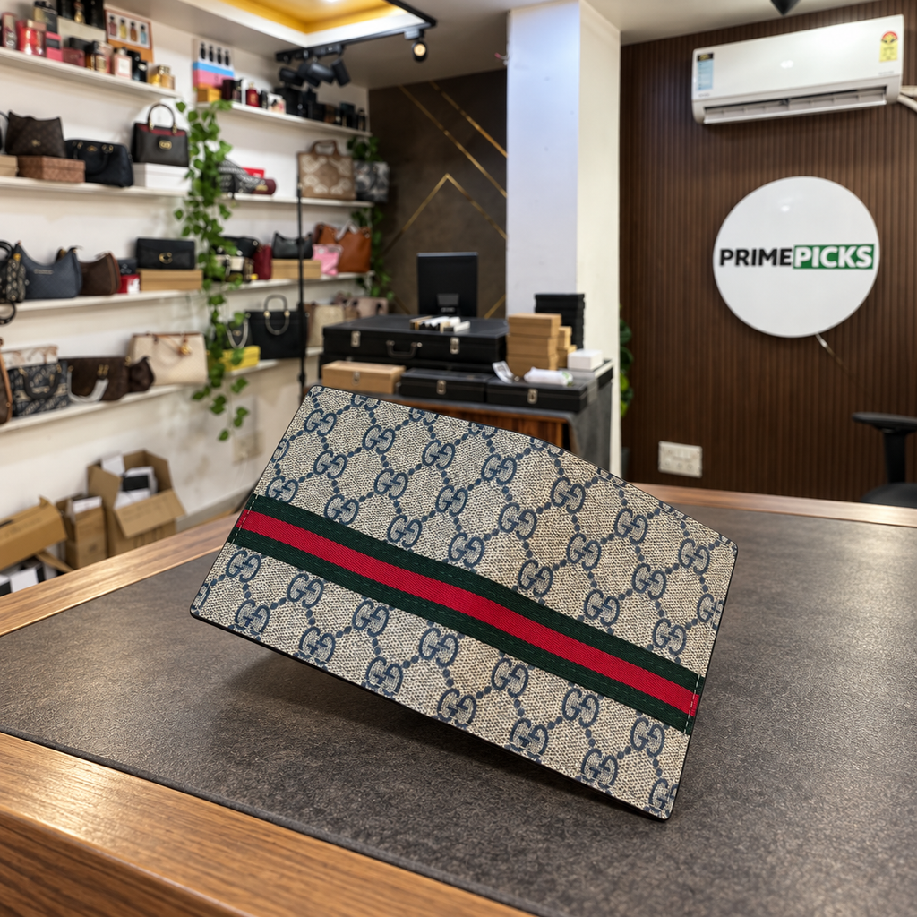 Gucci Beige GG Web Stripe Wallet at PrimePicks office