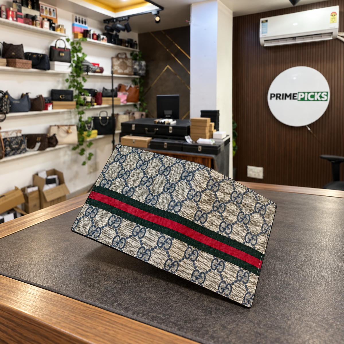 Gucci Beige GG Web Stripe Wallet at PrimePicks office