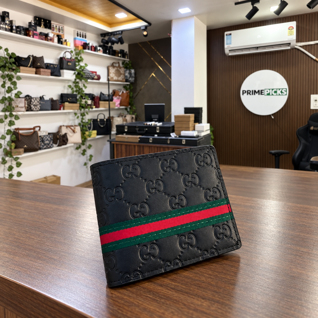 Gucci Black Embossed GG Web Stripe Wallet at PrimePicks office