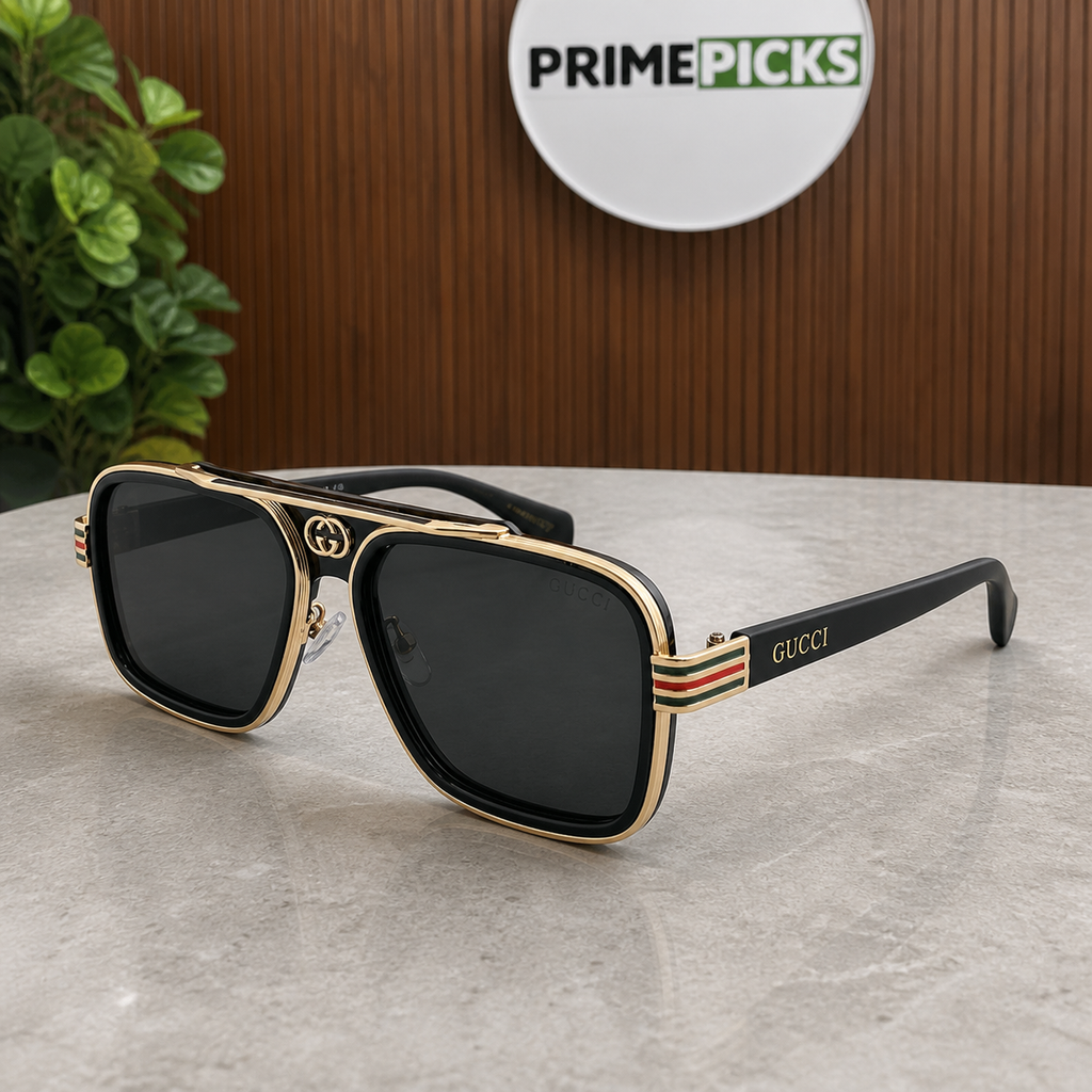 Gucci black gold-trim navigator unisex sunglasses hero view
