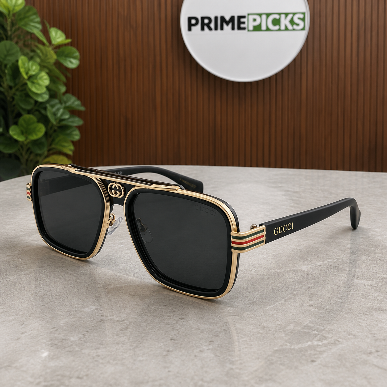 Gucci black gold-trim navigator unisex sunglasses hero view