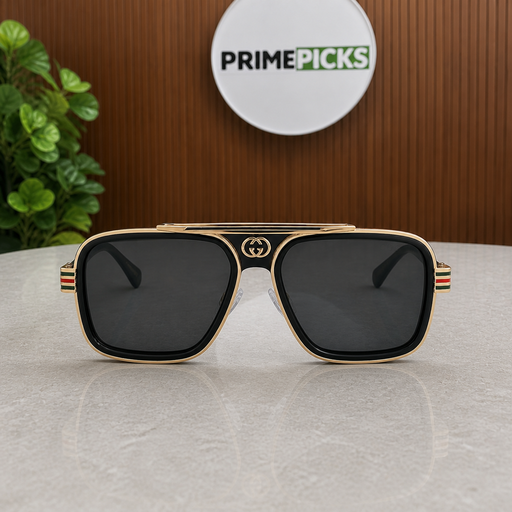 Gucci black gold-trim navigator sunglasses front view