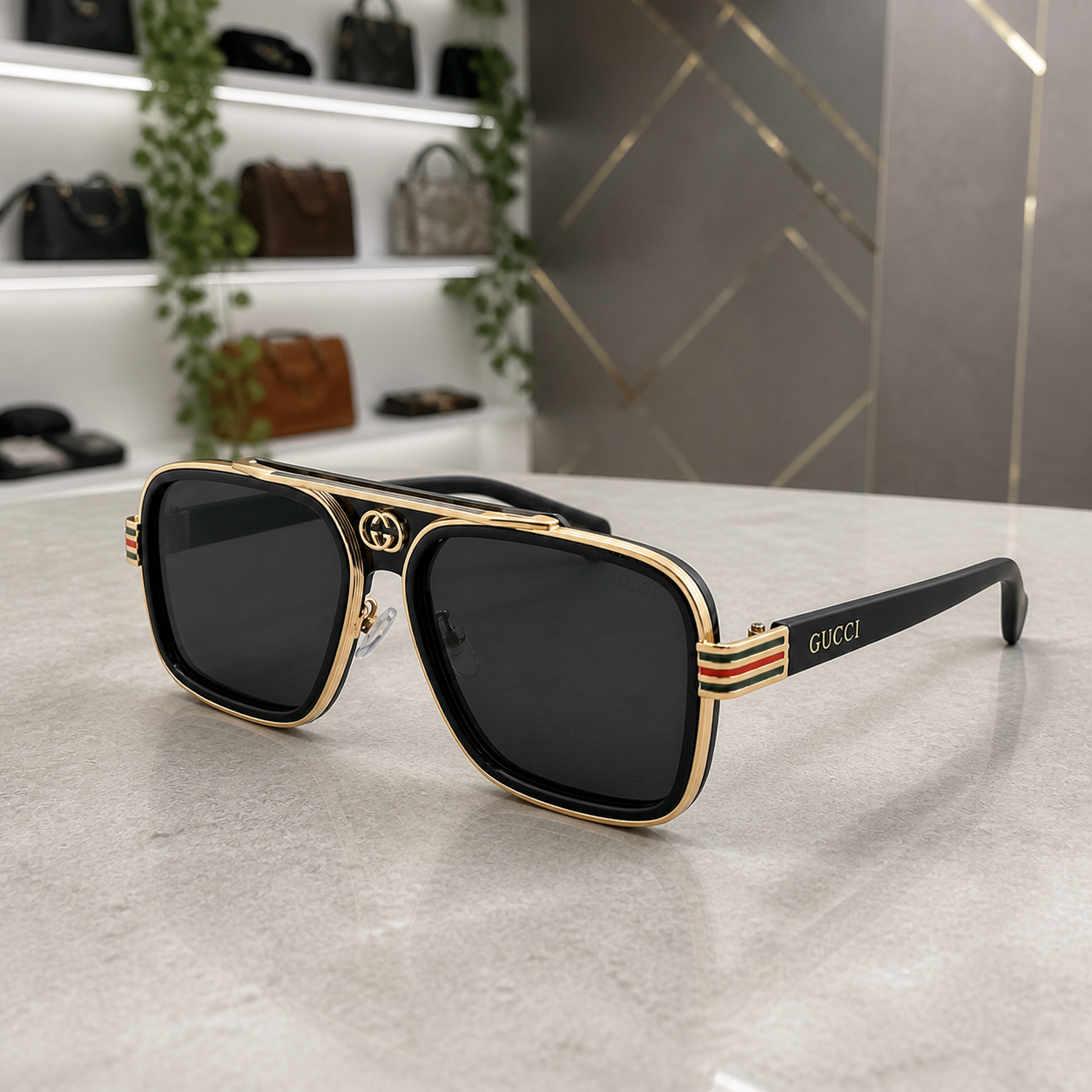 Gucci black and gold sunglasses PrimePicks office lifestyle