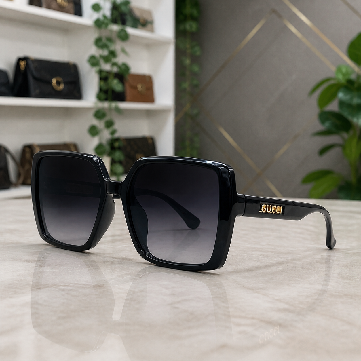 Gucci black square sunglasses PrimePicks office lifestyle