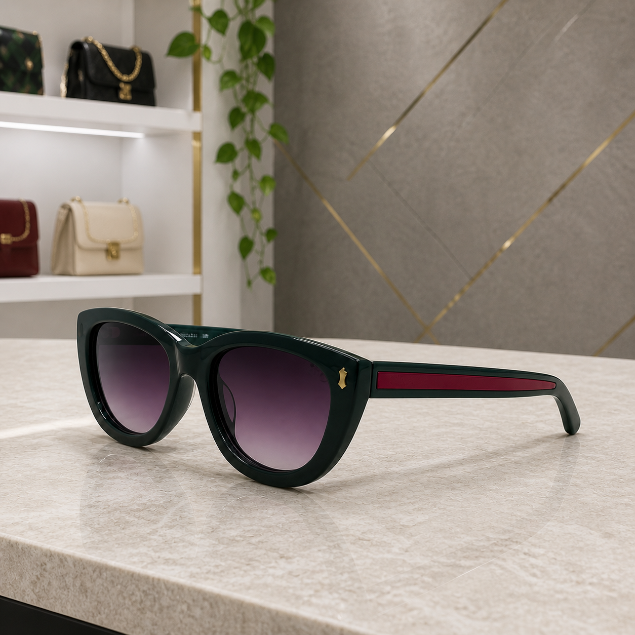Gucci deep green cat-eye sunglasses PrimePicks office lifestyle