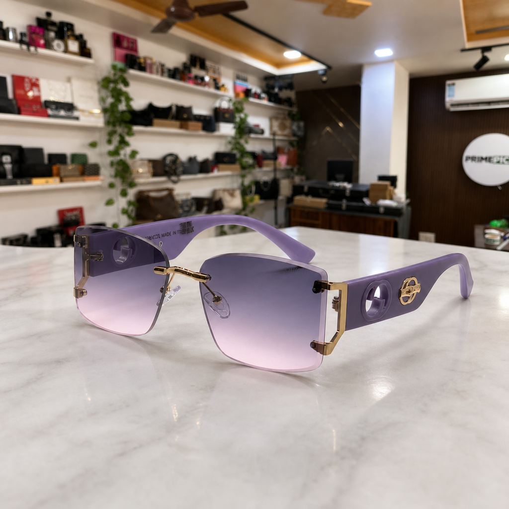 Gucci rimless shield sunglasses in lavender purple, hero view