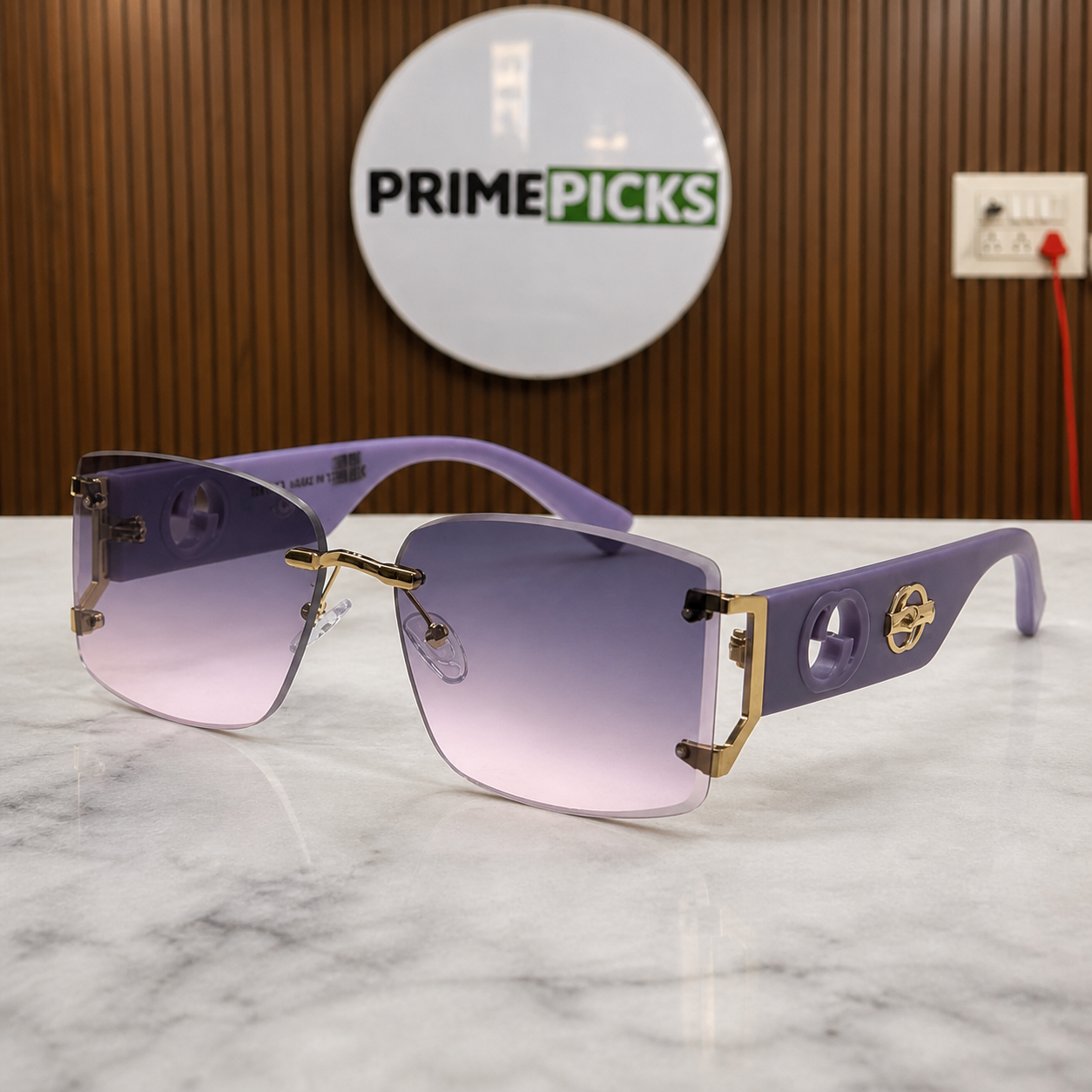 Gucci rimless shield sunglasses in lavender purple, alternate angle