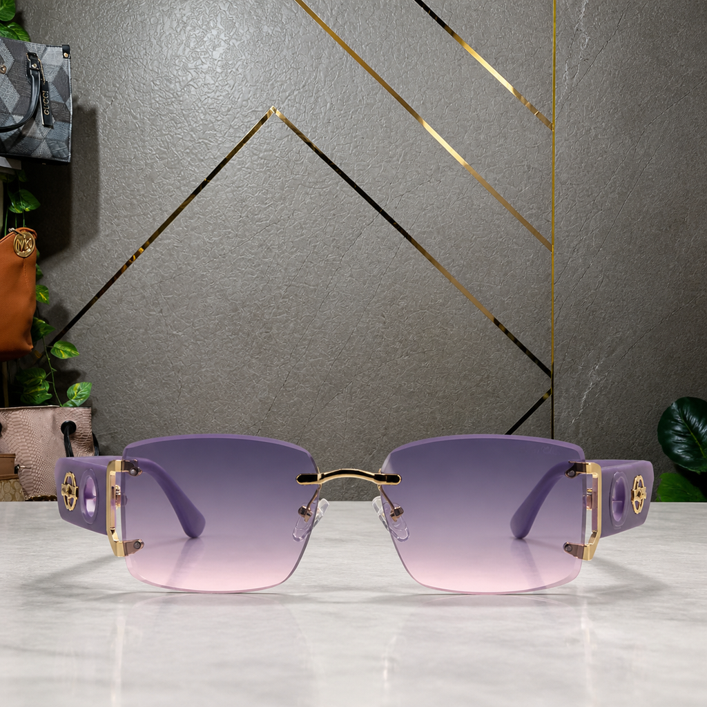 Gucci rimless shield sunglasses in lavender purple, front view
