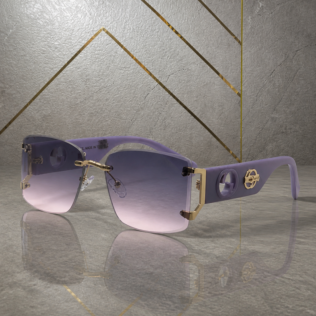 Gucci rimless shield sunglasses in lavender purple, hinge and temple detail
