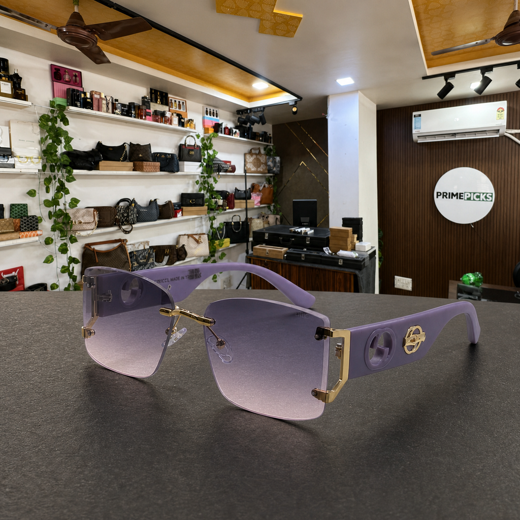 Gucci rimless shield sunglasses in lavender purple, PrimePicks office display