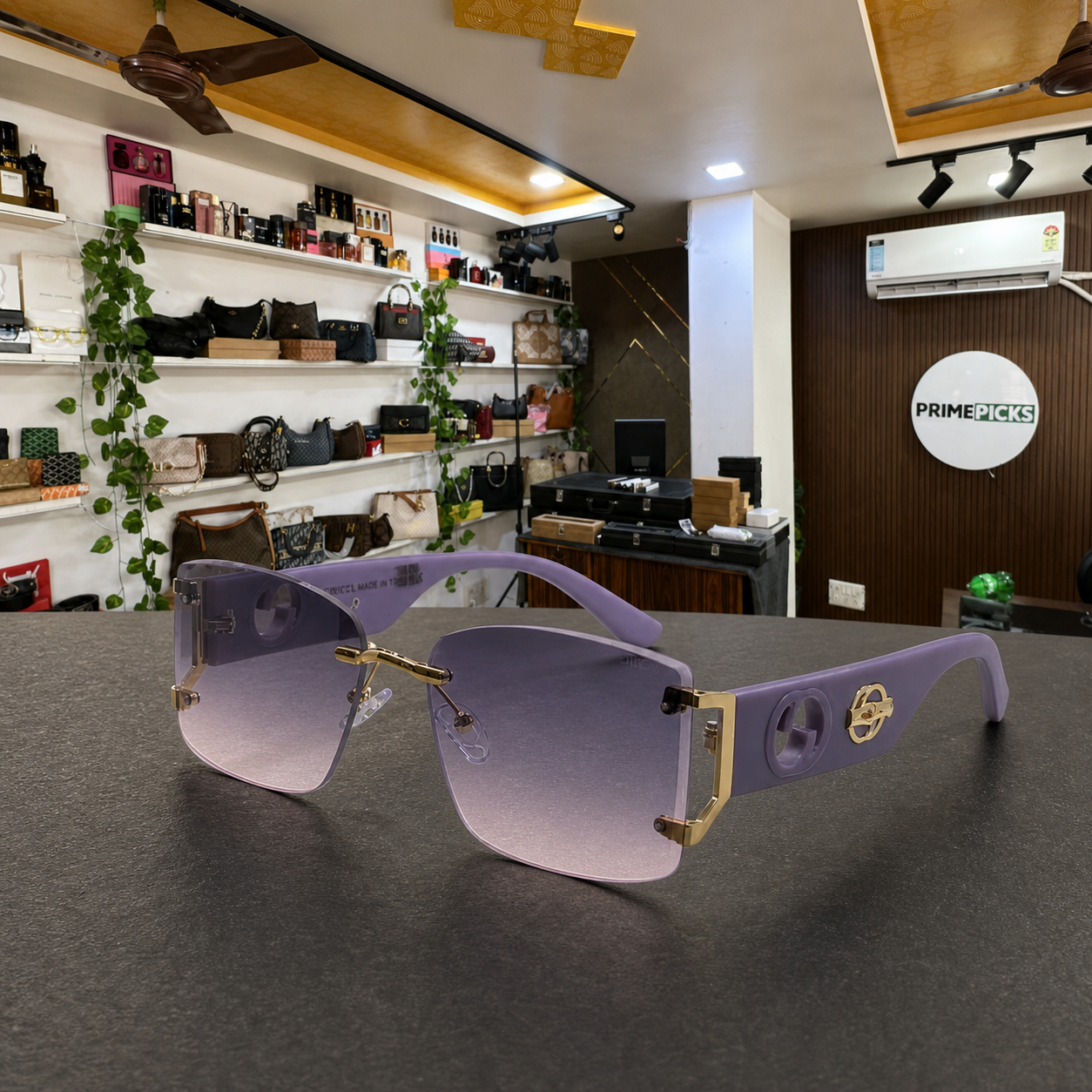 Gucci rimless shield sunglasses in lavender purple, PrimePicks office display