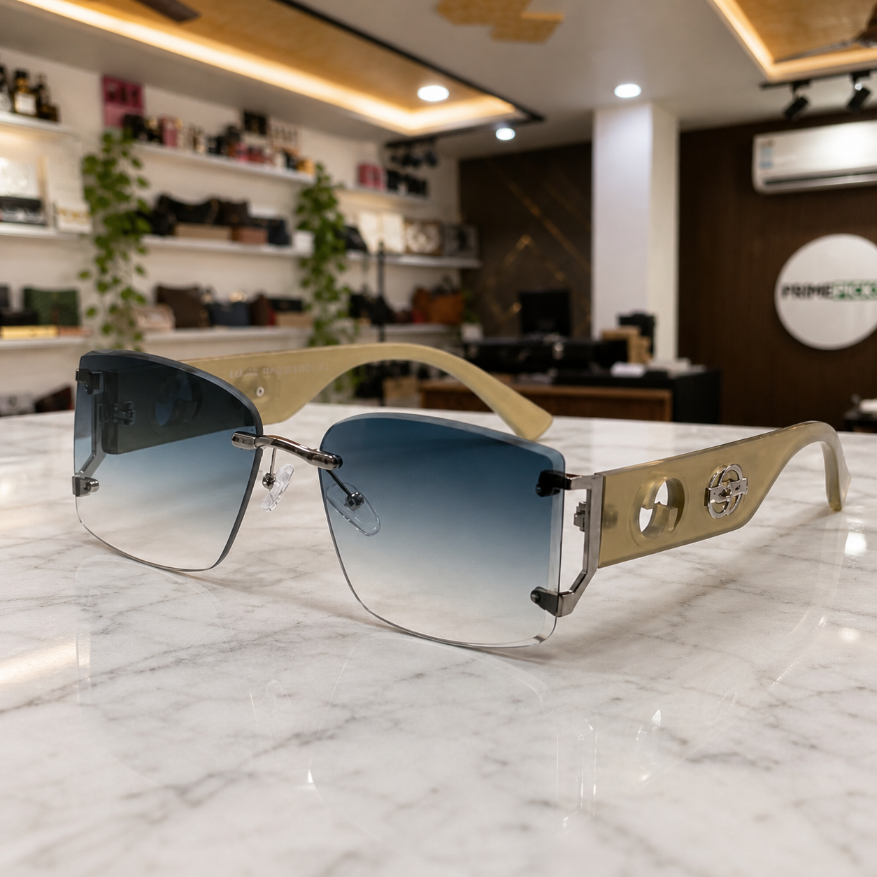 Gucci rimless shield sunglasses in beige and smoke grey, hero view
