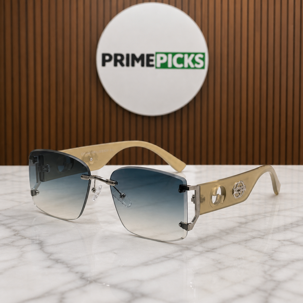 Gucci rimless shield sunglasses in beige and smoke grey, alternate angle
