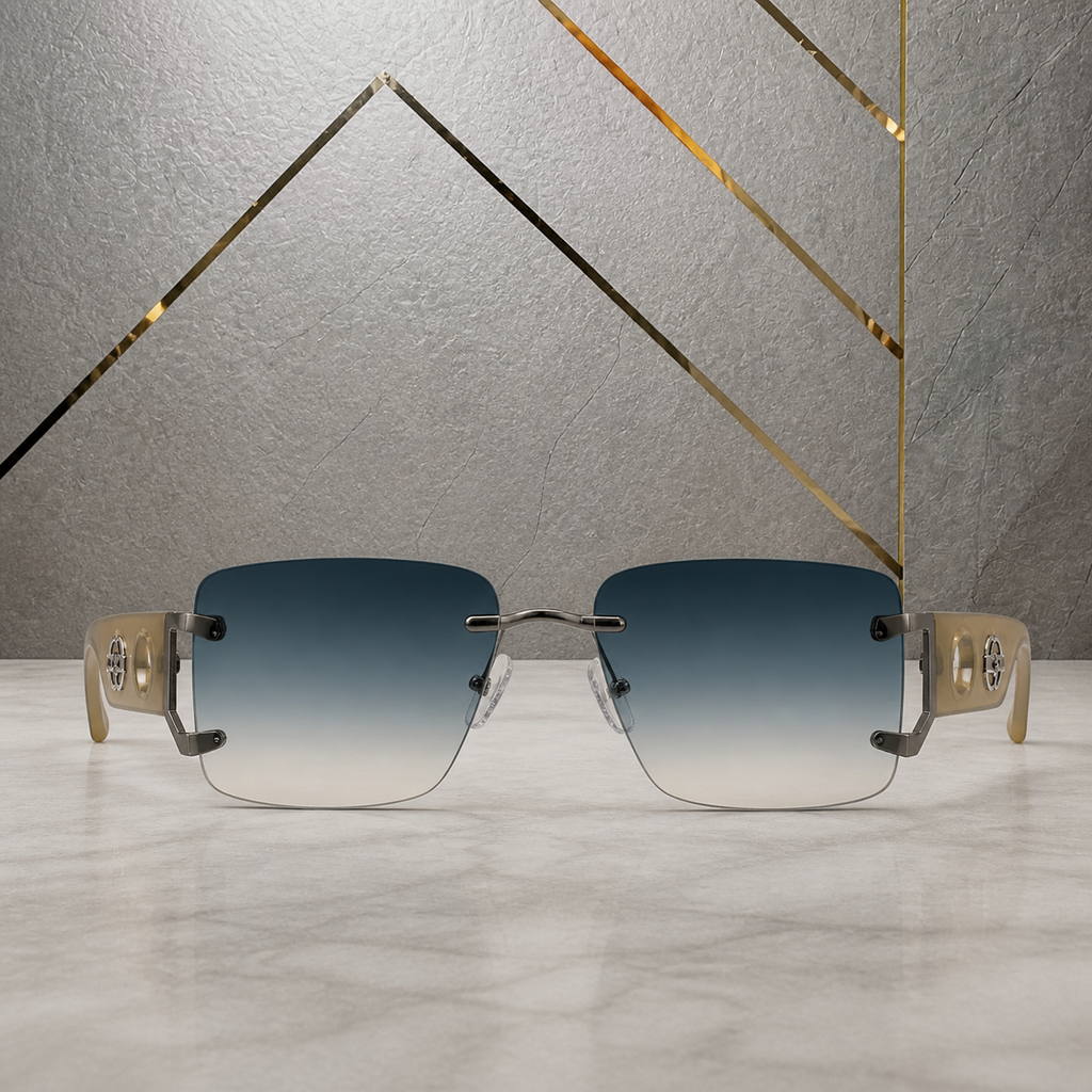 Gucci rimless shield sunglasses in beige and smoke grey, front view