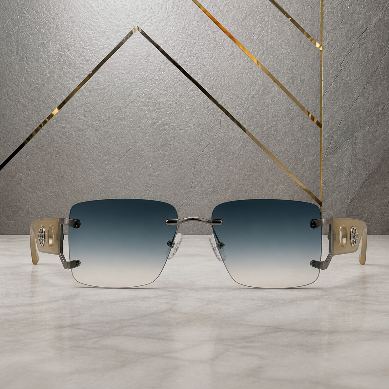 Gucci rimless shield sunglasses in beige and smoke grey, front view