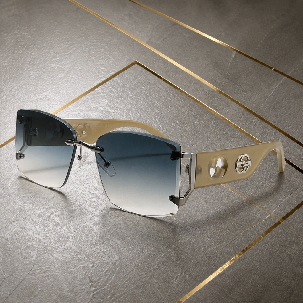 Gucci rimless shield sunglasses in beige and smoke grey, hinge and temple detail