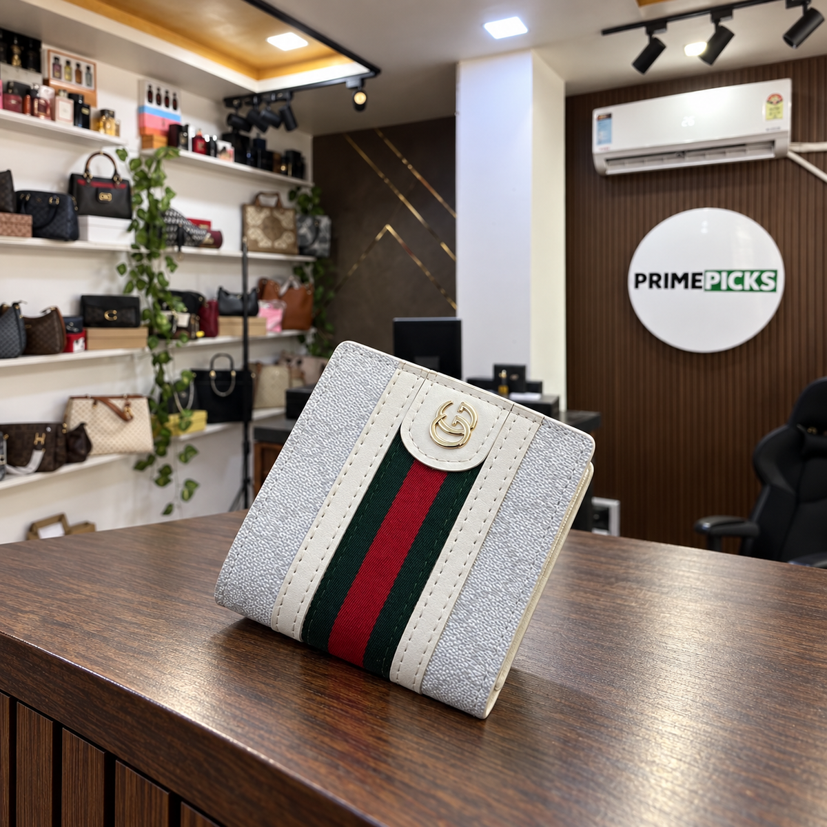 Gucci White Web Stripe Compact Wallet at PrimePicks office