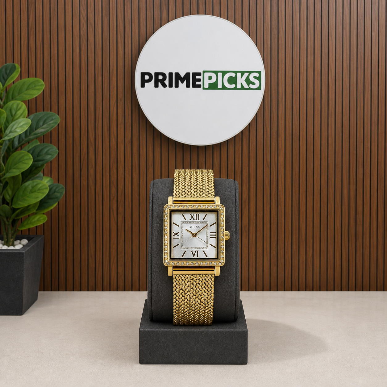 Guess Classic gold crystal square women's watch with complete Primepicks logo board