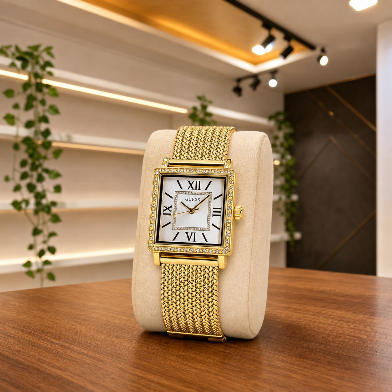 Guess Classic gold square women's watch on cream stand in Primepicks office
