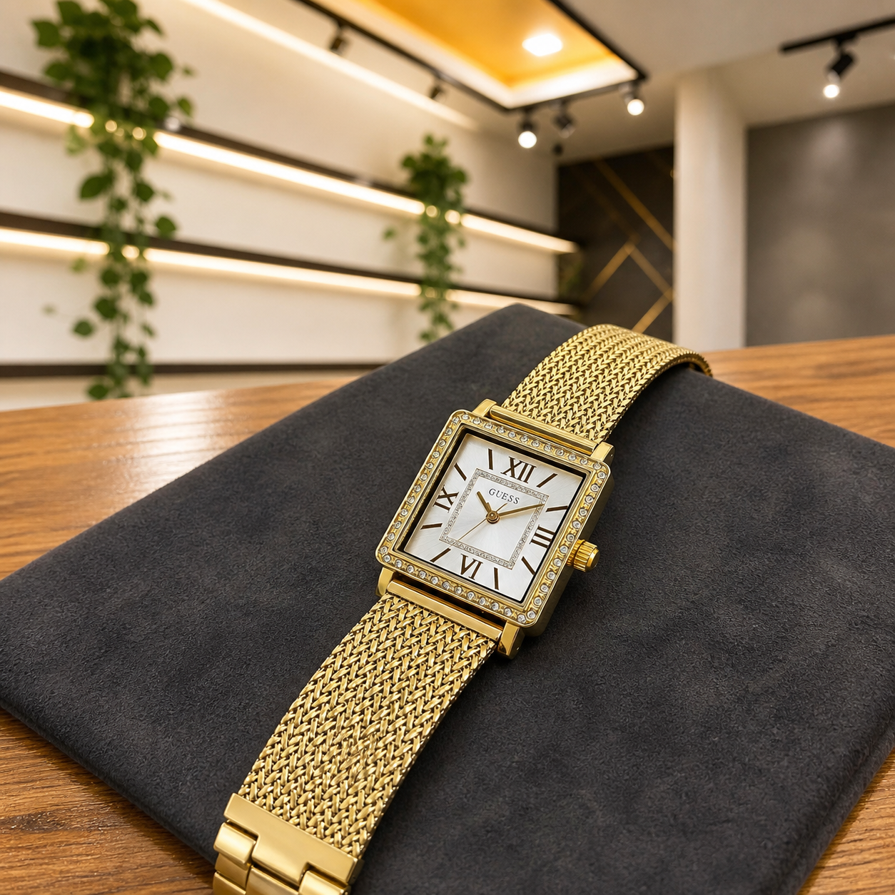 Guess Classic gold square women's watch on charcoal pad in Primepicks office