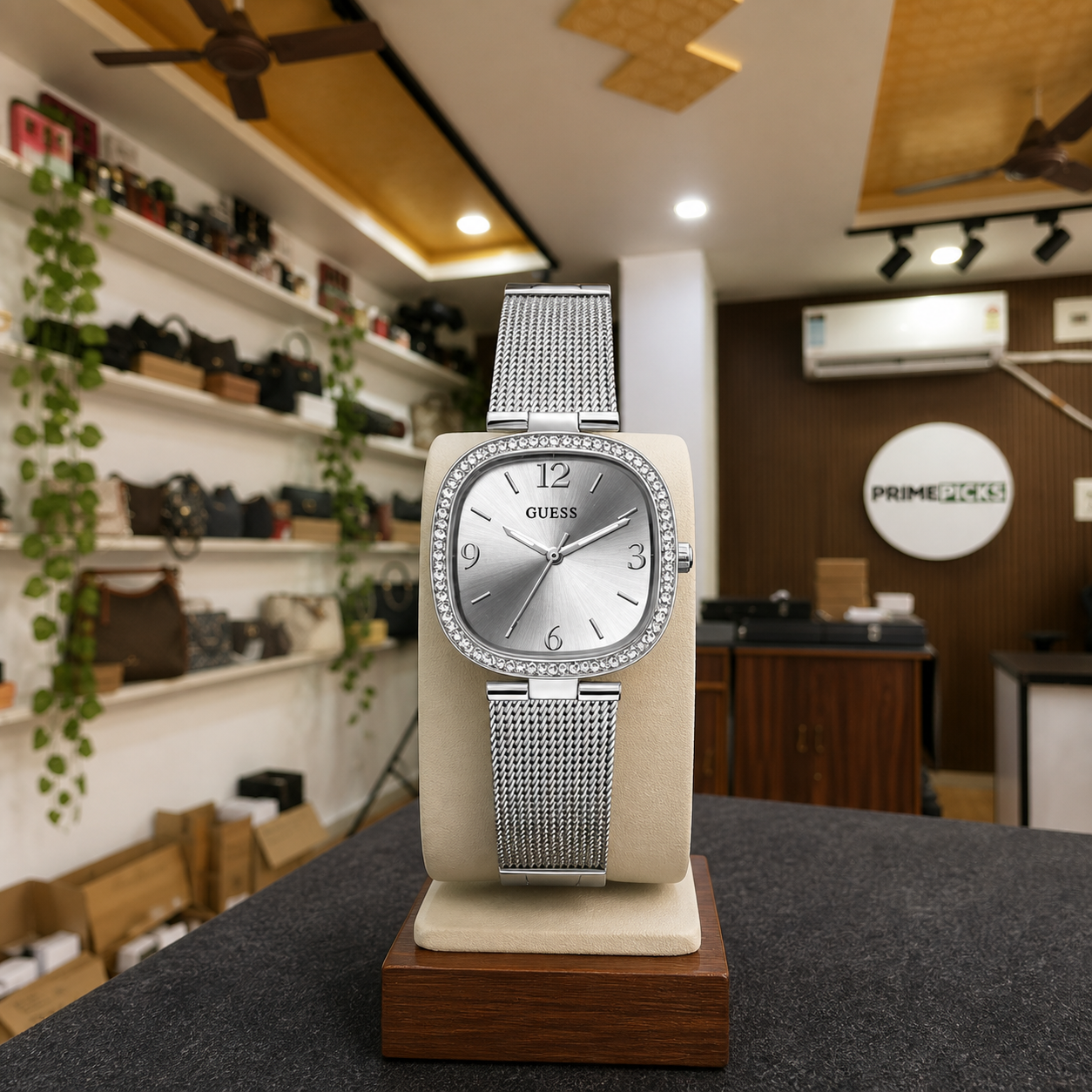 Guess Tapestry GW0354L1 watch displayed inside the Primepicks office