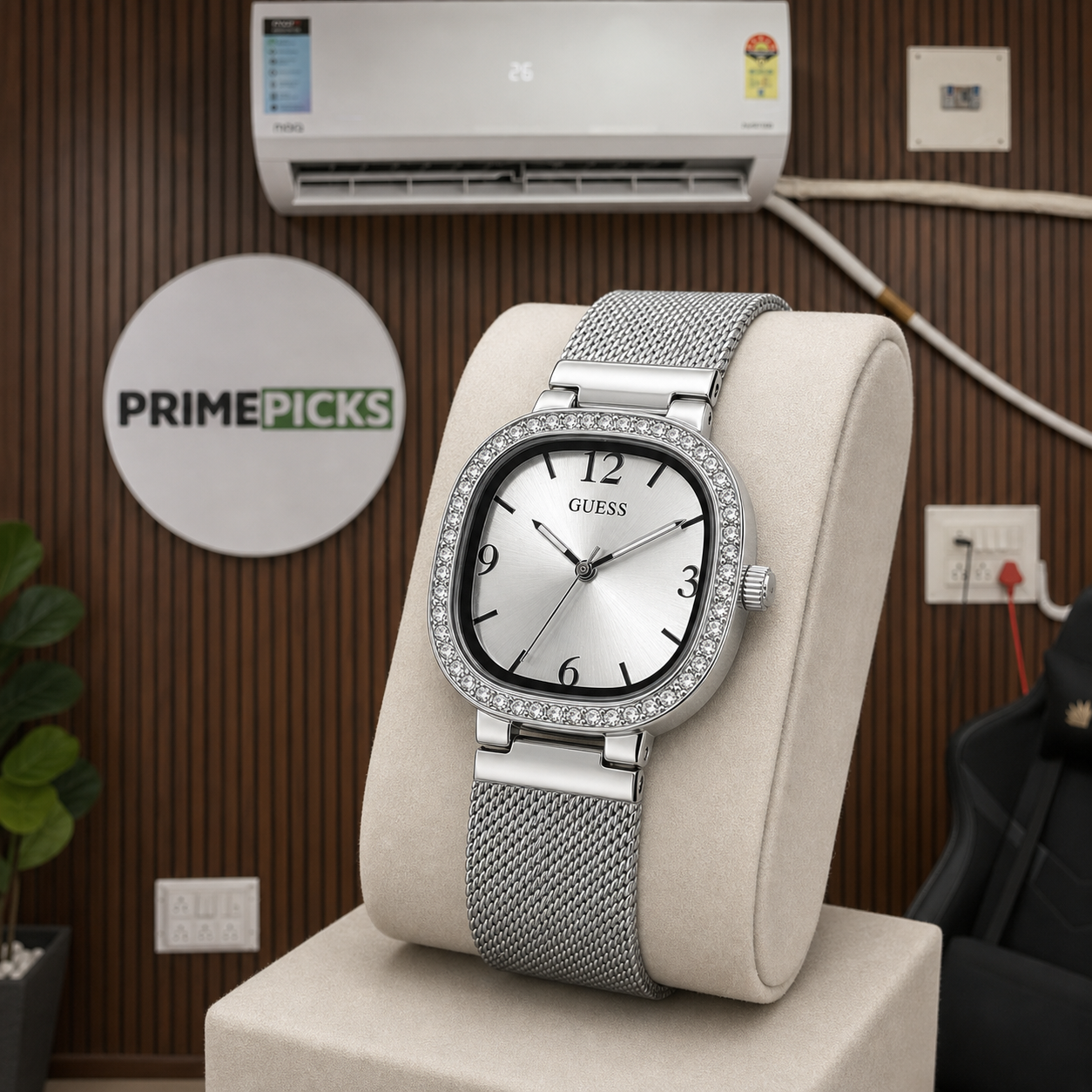 Guess Tapestry crystal-bezel silver watch on walnut office backdrop