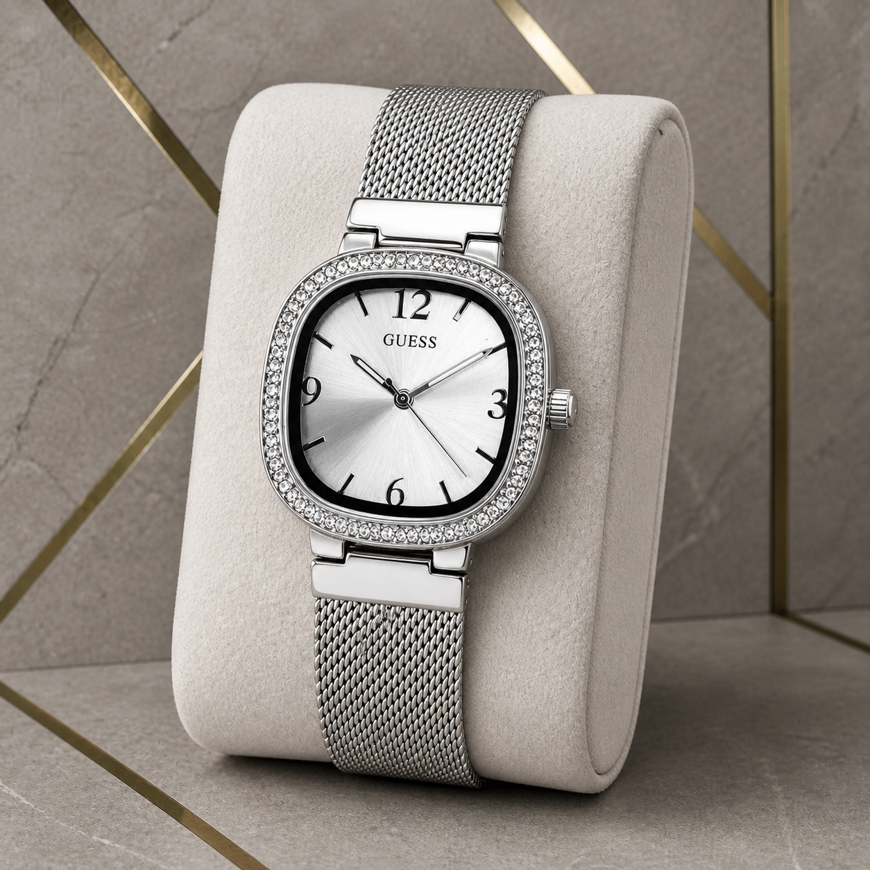 Guess Tapestry silver watch detail with mesh bracelet and crystal bezel