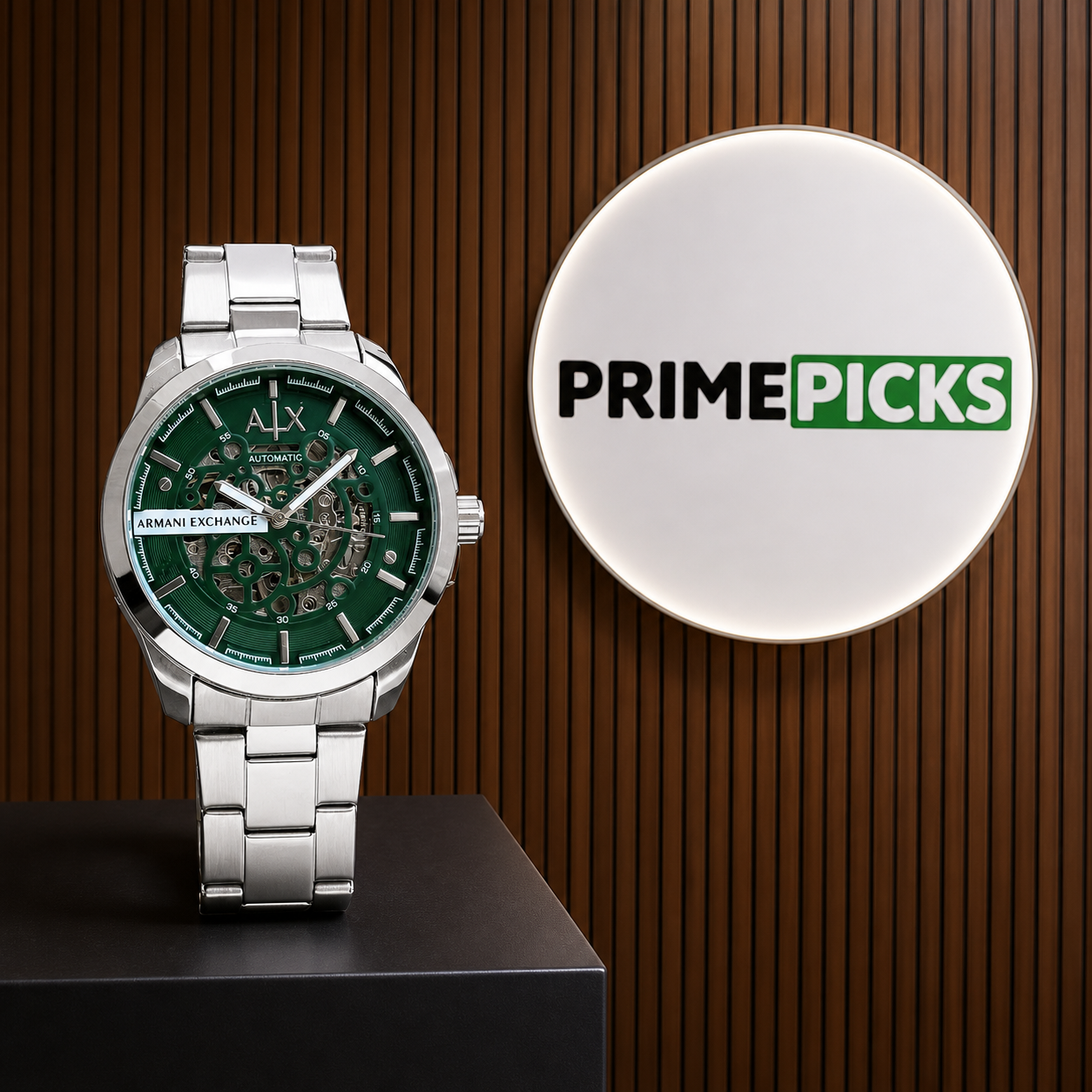 Armani Exchange Hampton green skeleton watch with Primepicks logo board