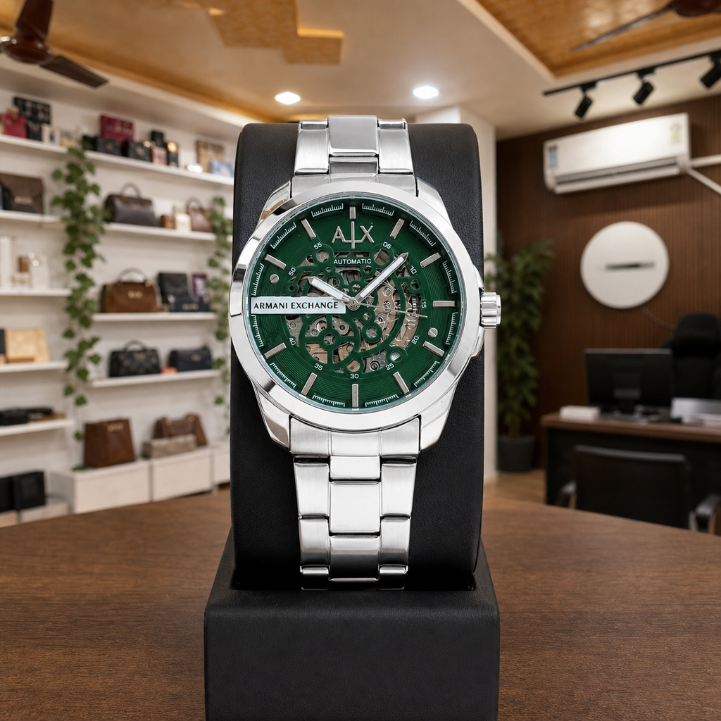 Armani Exchange Hampton green skeleton watch in Primepicks office boutique
