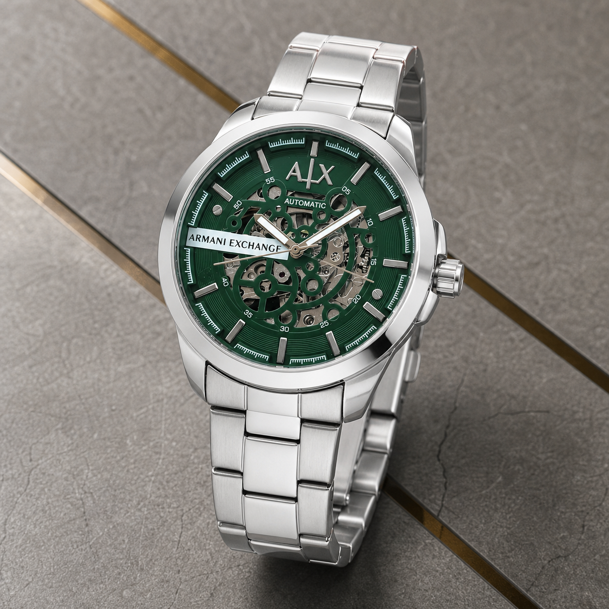 Armani Exchange Hampton green skeleton dial and silver bracelet close-up