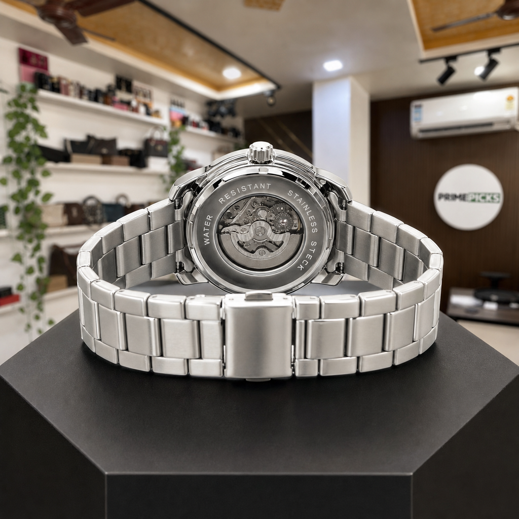 Armani Exchange Hampton automatic watch exhibition caseback in Primepicks office