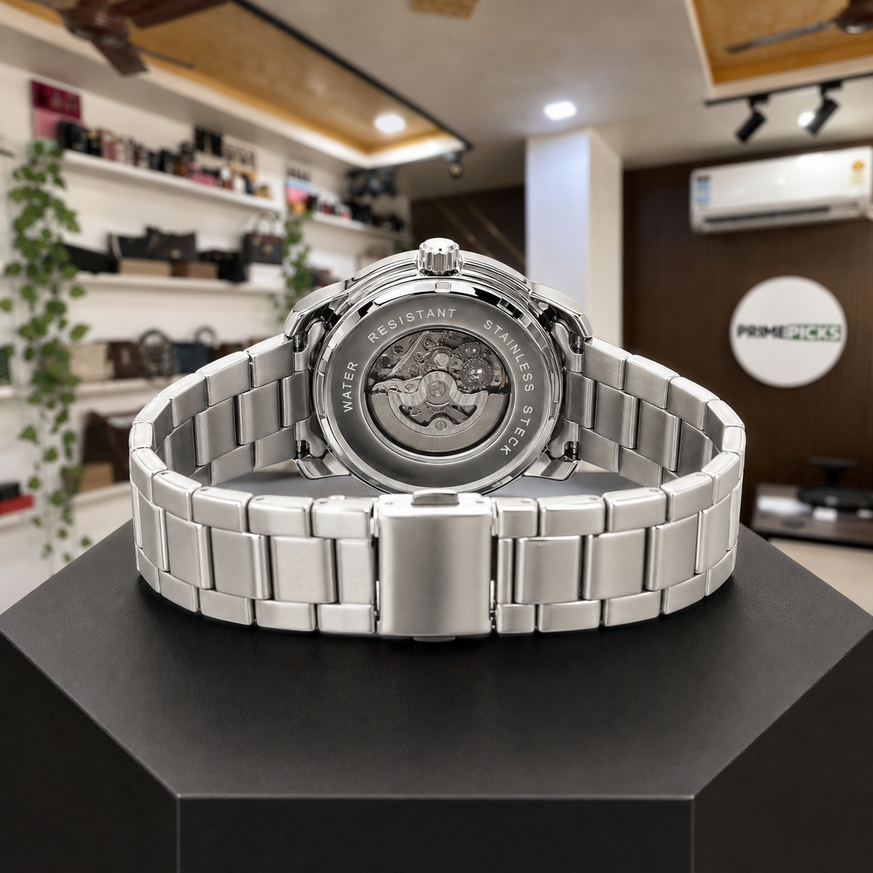 Armani Exchange Hampton automatic watch exhibition caseback in Primepicks office
