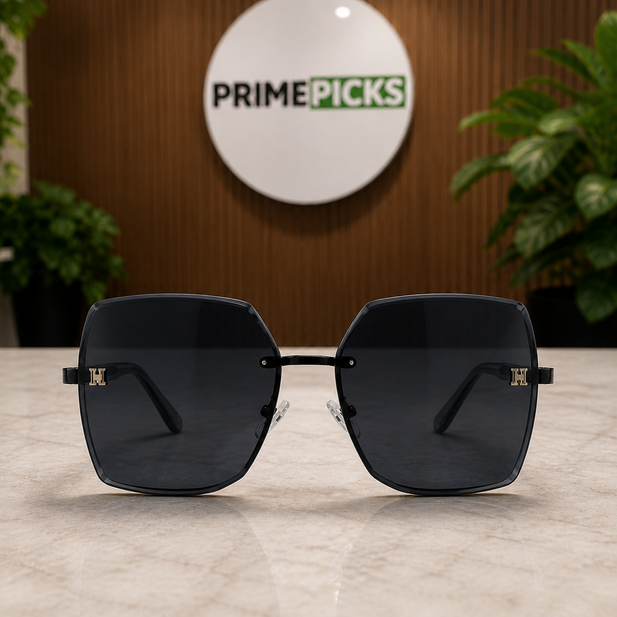 Hermès black rimless geometric sunglasses front view