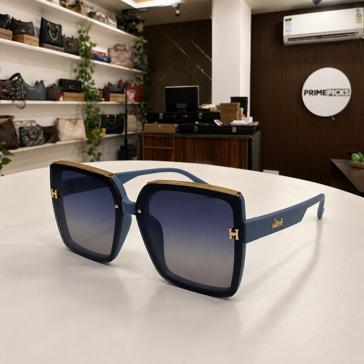 Hermes oversized square sunglasses in slate blue, alternate angle