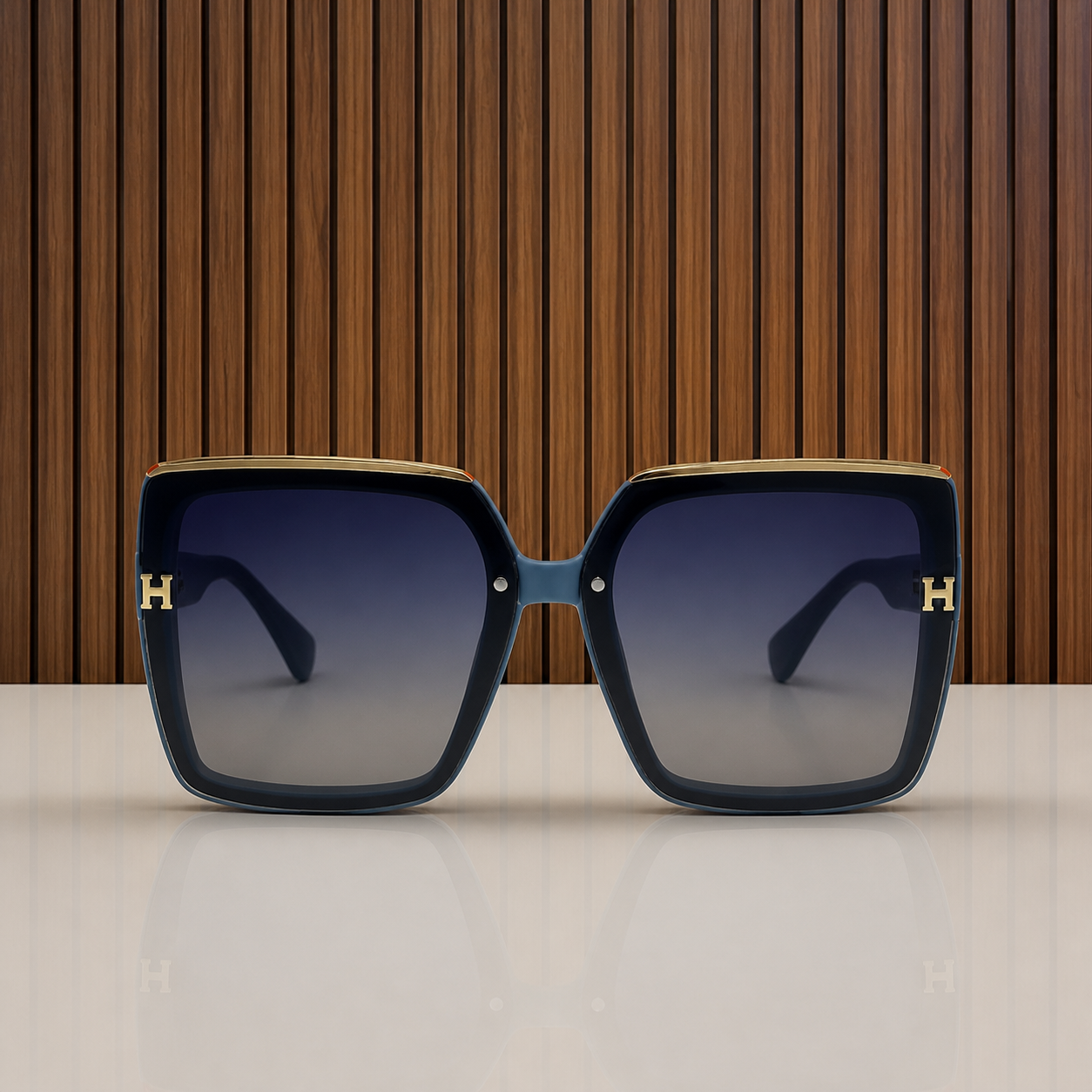 Hermes oversized square sunglasses in slate blue, front view