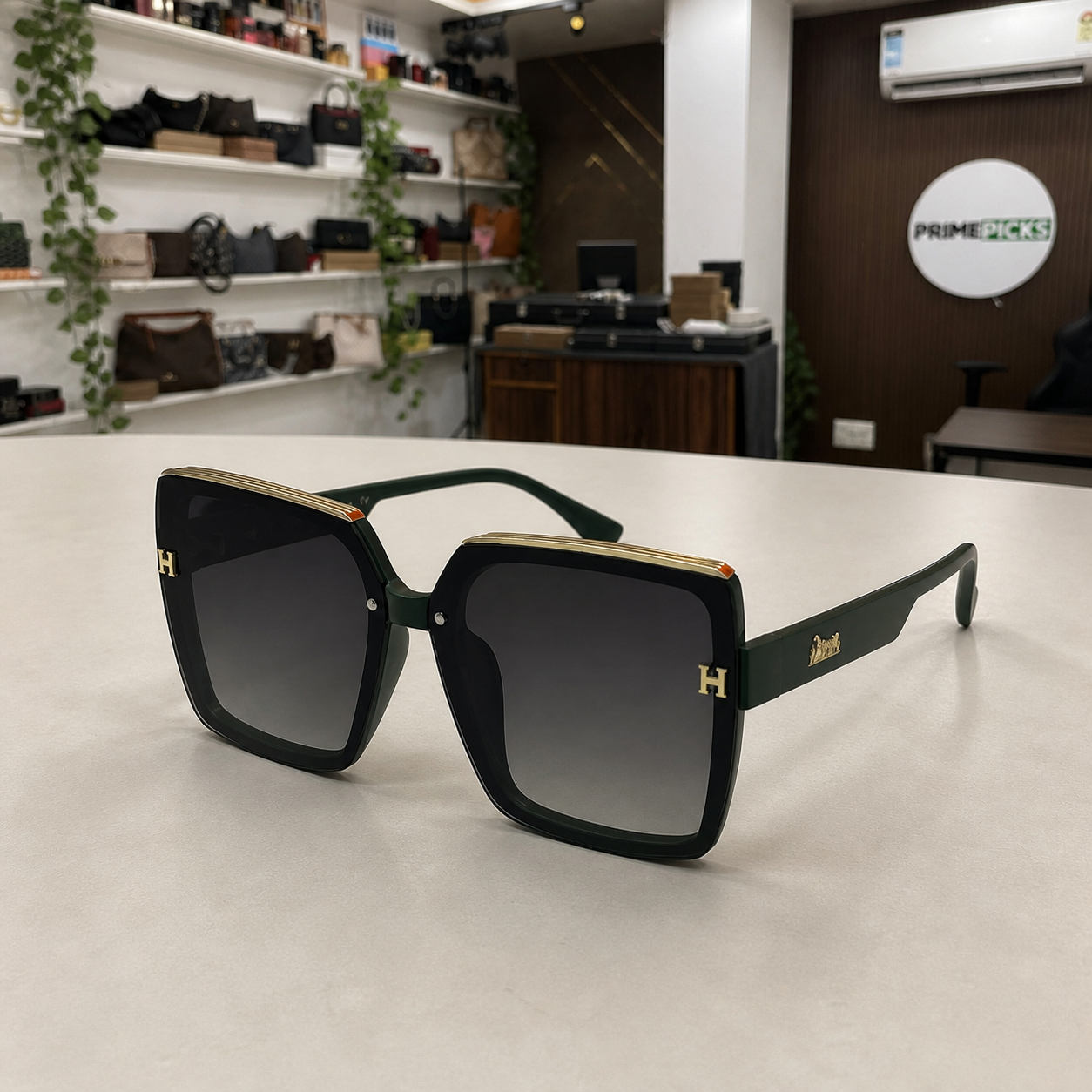 Hermes oversized square sunglasses in deep forest green, alternate angle