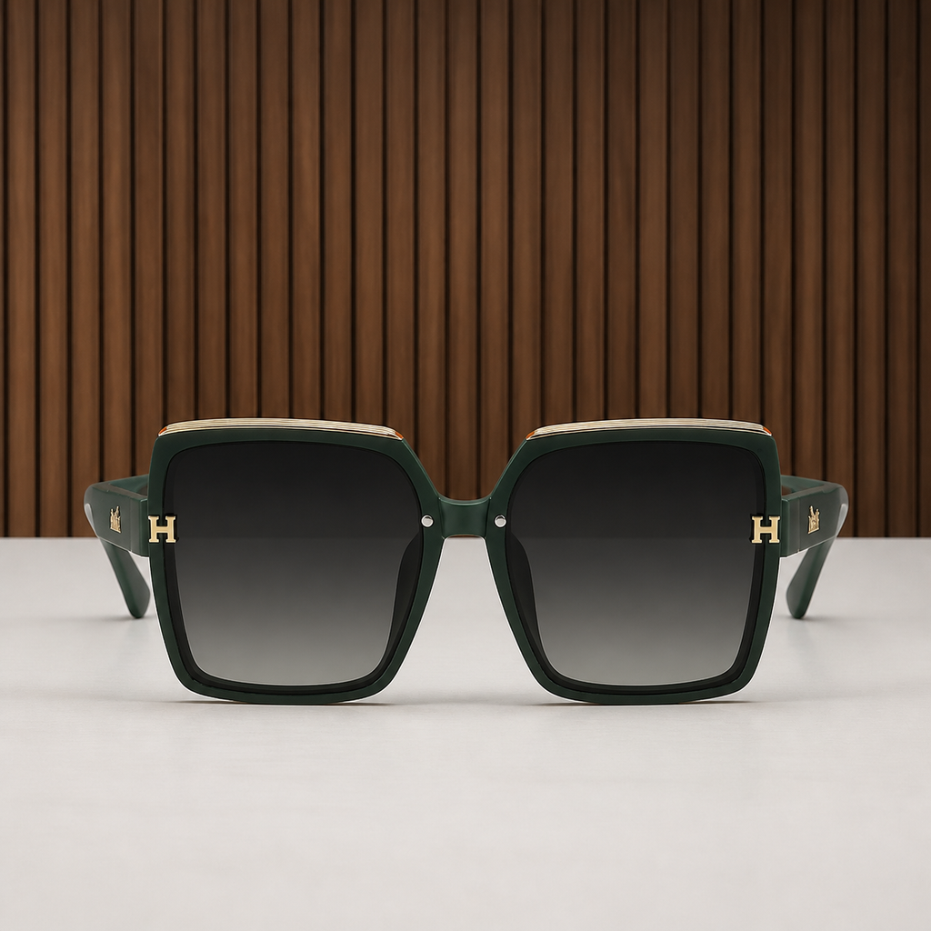 Hermes oversized square sunglasses in deep forest green, front view