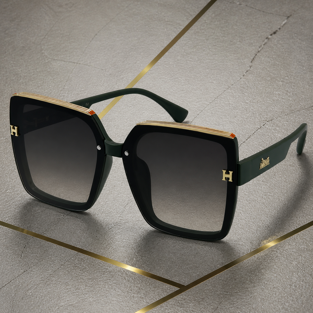 Hermes oversized square sunglasses in deep forest green, gold trim and temple detail