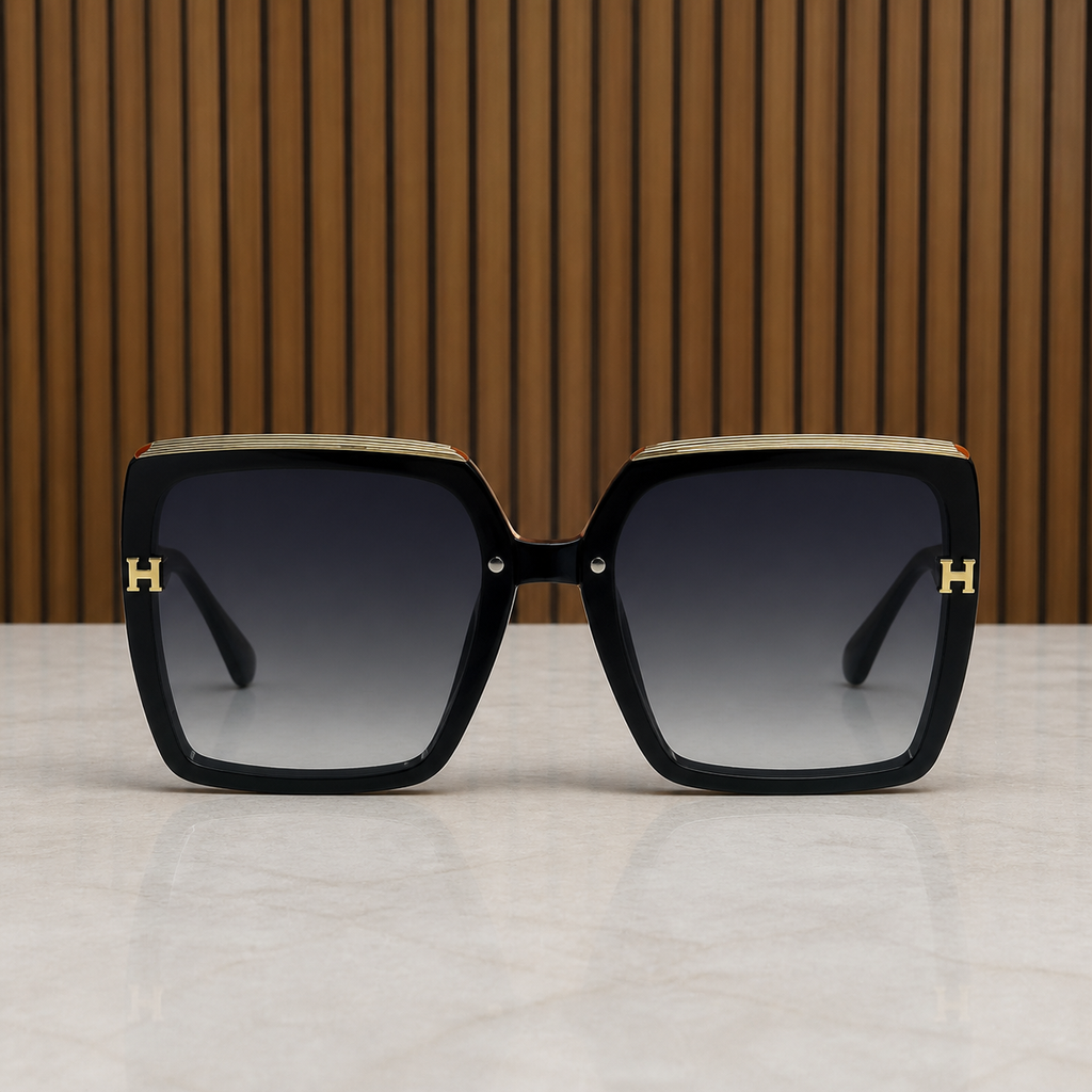 Hermes oversized square sunglasses in glossy black, front view