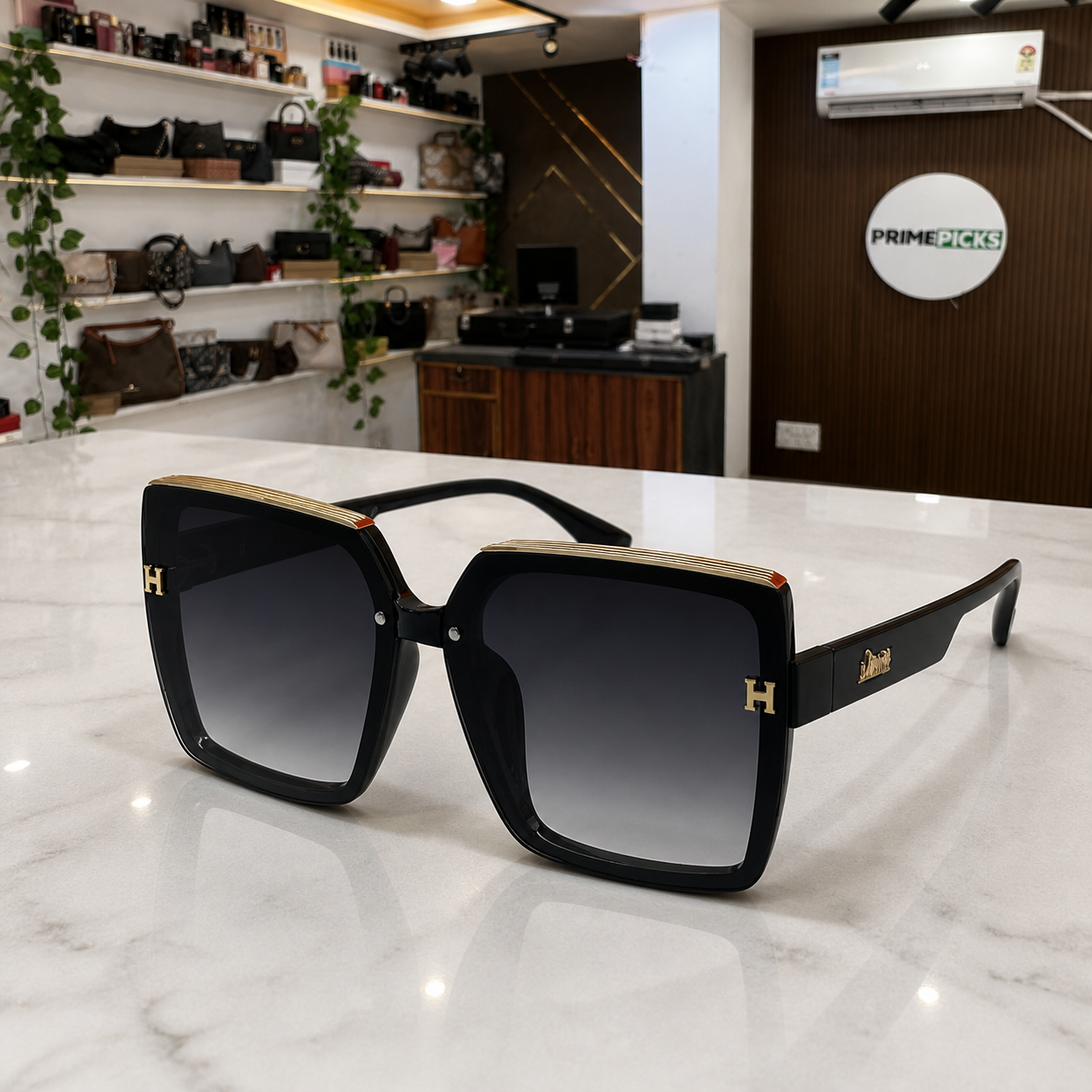 Hermes oversized square sunglasses in glossy black, PrimePicks office display