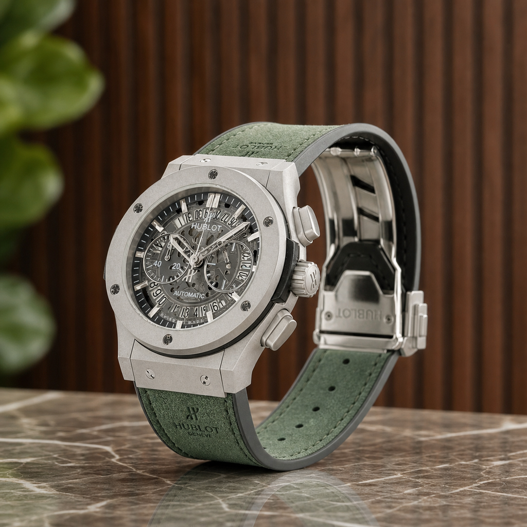 Hublot Big Bang green leather strap, crown and metal clasp detail