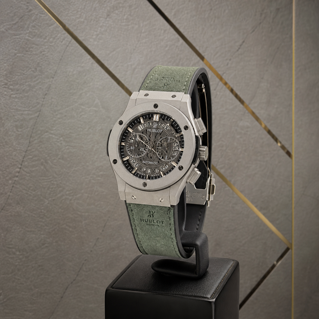 Hublot Big Bang silver-tone skeleton watch with green strap three-quarter view