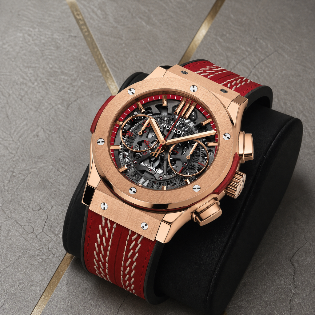 Close-up of Hublot Big Bang ICC Cricket automatic watch with red stitched strap in the Primepicks office