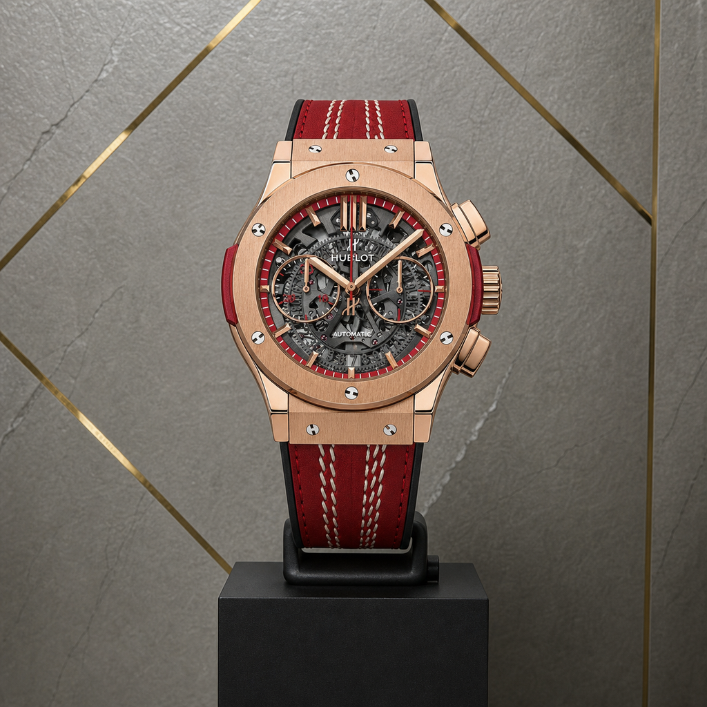 Hublot Big Bang ICC Cricket rose-gold-tone watch against the grey and gold Primepicks office wall