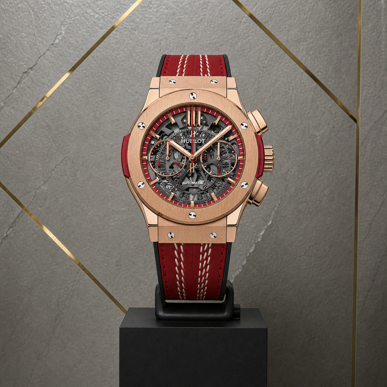 Hublot Big Bang ICC Cricket rose-gold-tone watch against the grey and gold Primepicks office wall